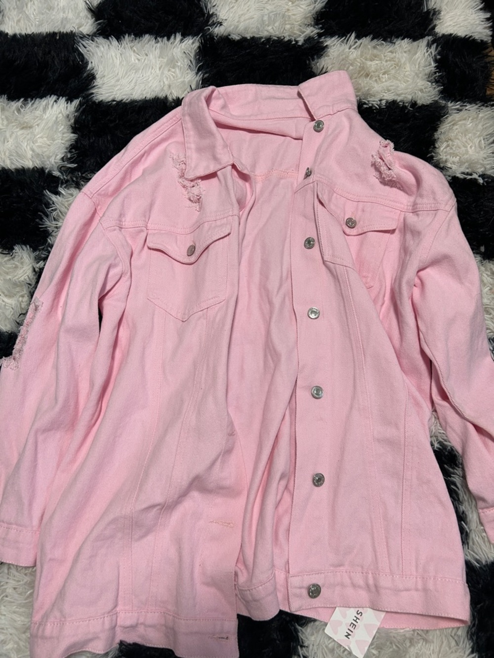 SHEIN Light Pink Distressed Denim Jacket